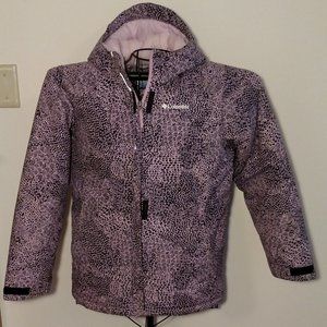 Columbia pink & black patterned hooded winter jacket, exc. cond., sz XL (18/20)